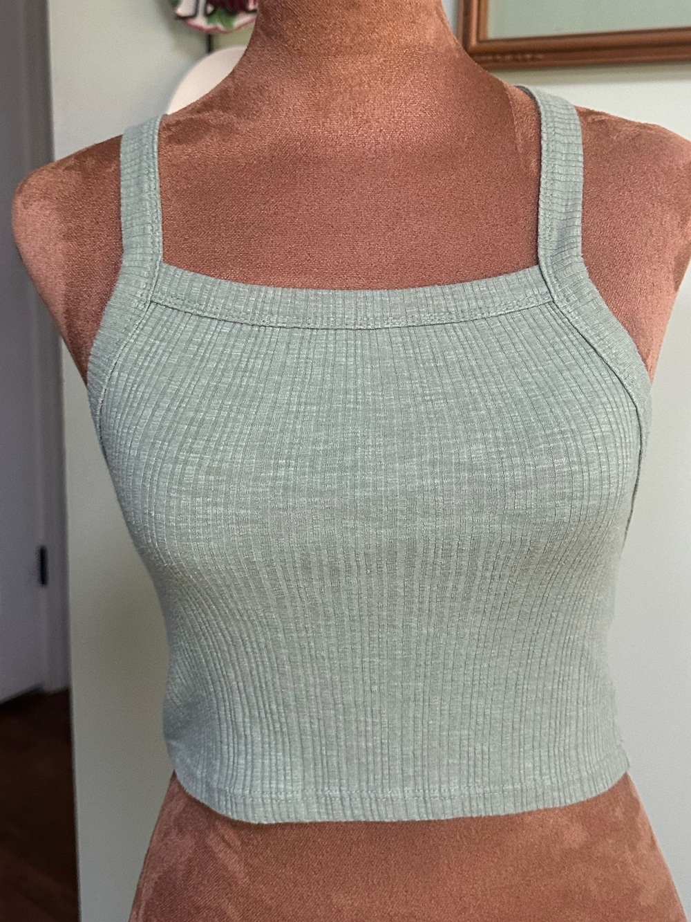 American Eagle XXS Sage Green Ribbed Crop Tank Top Cross Back Strappy back